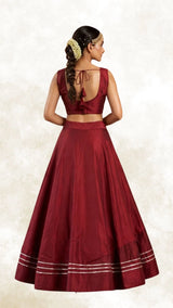Maroon Silk Lehenga with Silver Stripe Border & Sleeveless High-Neck Blouse, Back Tie-Up