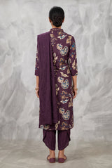 Purple Cotton 3-Piece Kurti Set with Aari & Mirror Work, Elastic Pant and Chiffon Dupatta