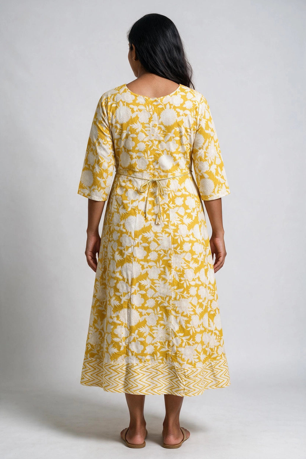Yellow Cotton Anarkali Kurti with Geometric Floral Print, Golden Piping & Dori Detail