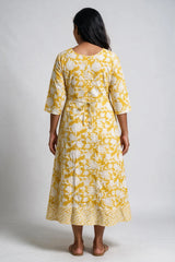 Yellow Cotton Anarkali Kurti with Geometric Floral Print, Golden Piping & Dori Detail