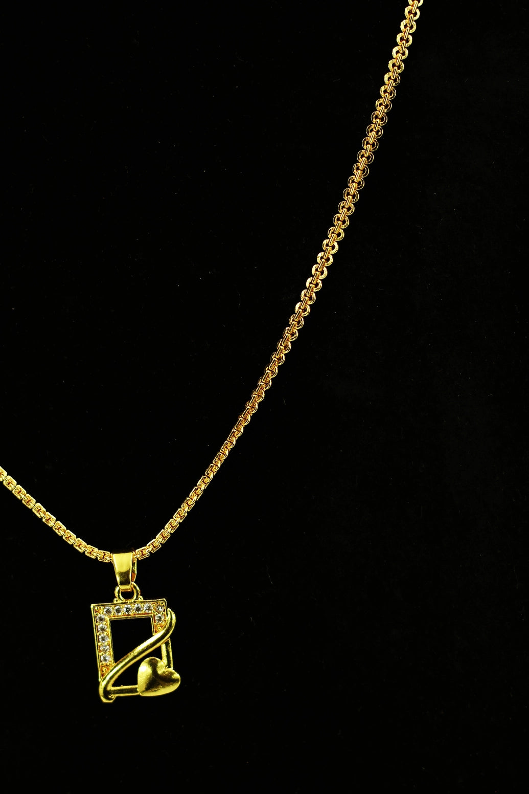 Gold-Tone Geometric Chain Necklace with Studded Frame and Heart Charm for Women
