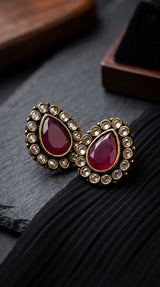 Red Teardrop Stud Earrings With Gold-Tone Halo And Clear Crystal Accents For Festive Wear