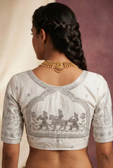 White Designer Padded Embroidery Silk Blouse with Elbow Sleeves, Fully Stitched for Saree & Traditional Wear
