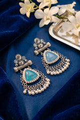 Sea Blue Teardrop Stone Oxidized Silver-Tone Pearl Drop Earrings for Traditional Festive Wear