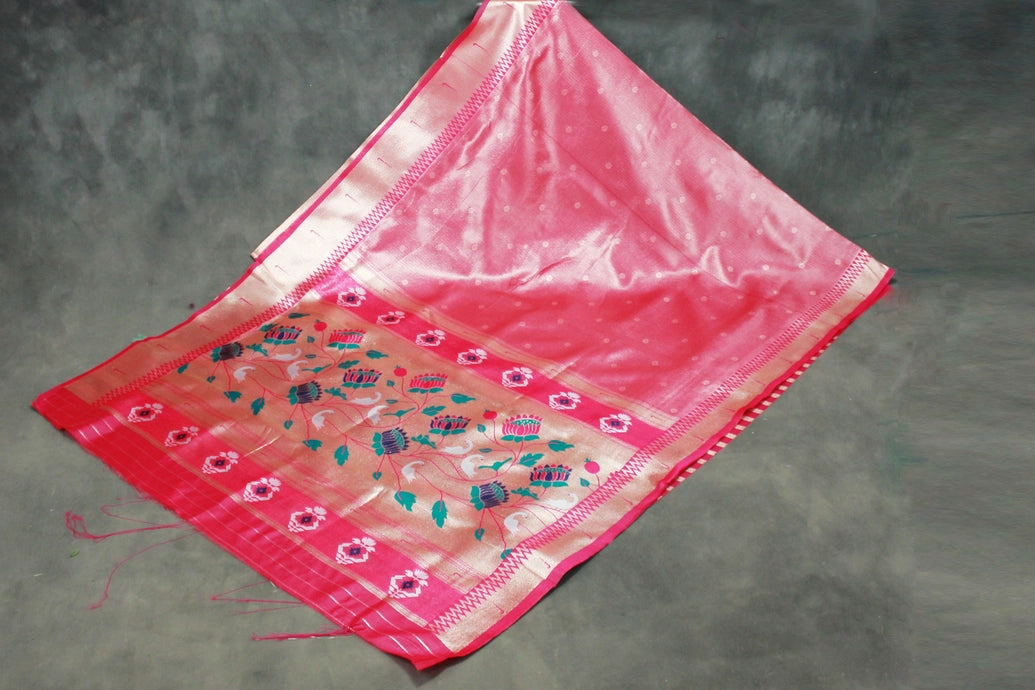 Dark Pink Paithani Tissue Fabric Saree with Zari Weaving and Blouse