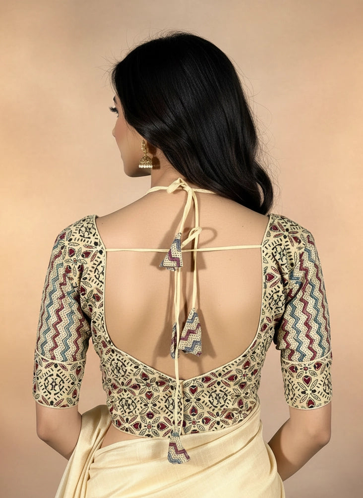 White Zigzag Ajrakh Print Readymade Padded Blouse with Back Knot, Elbow Sleeves, Fully Stitched