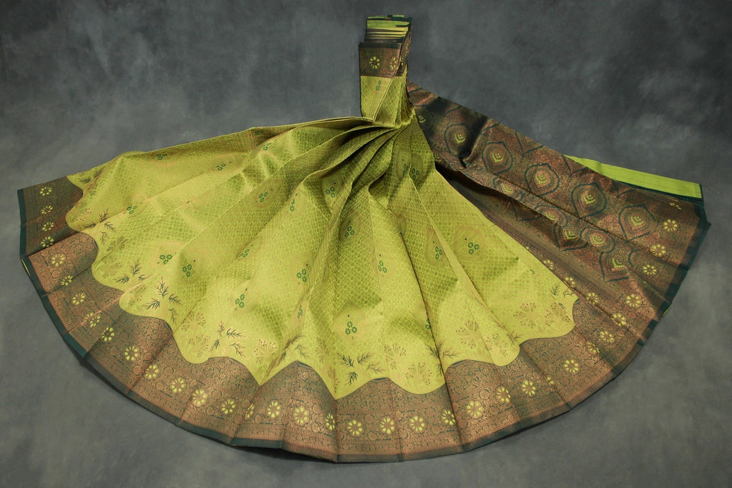 Green Kubera Pattu Saree with Traditional Border and Blouse Piece - Semi Silk