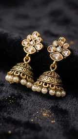 Antique Gold-Tone Floral Jhumka Earrings with Pearl Bead Danglers for Traditional Festive Wear