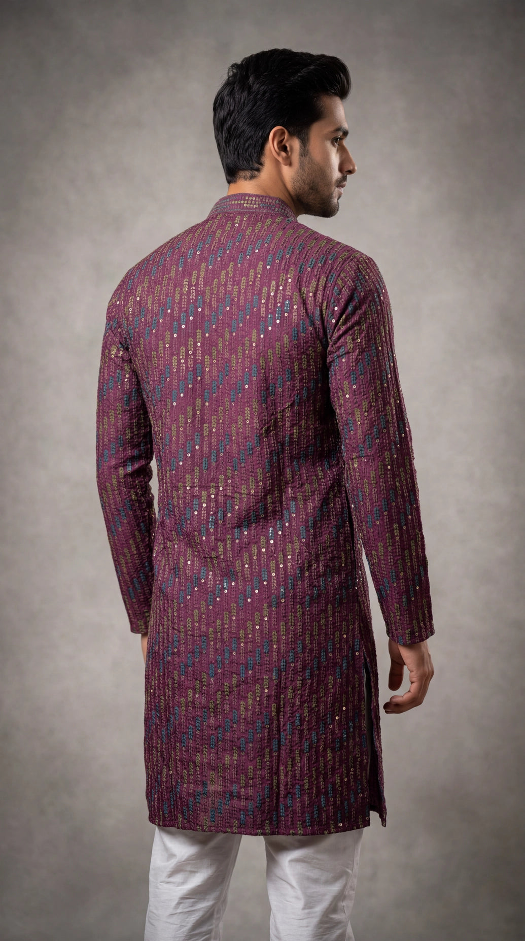 Men’s Wine Cotton Kurta with Multicolor Embroidery & Gold Sequin Work (Pareek) for Festive Wear