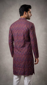 Men’s Wine Cotton Kurta with Multicolor Embroidery & Gold Sequin Work (Pareek) for Festive Wear