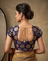 Navy Blue Readymade Designer Padded Blouse with Gold Floral Weave, V-Neck Short Sleeves and Back Knot for Saree
