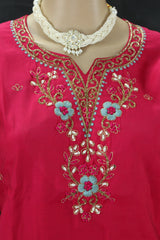 Deep Pink Aari Pearl Embroidered Kurti Pant & Dupatta 3-Piece Set for Women