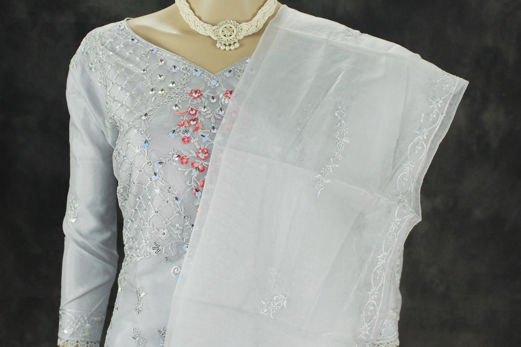 Gray Roman Silk 3-Piece Kurta Set with Organza Embroidered Top, Elastic Pants & Border Dupatta
