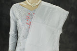 Gray Roman Silk 3-Piece Kurta Set with Organza Embroidered Top, Elastic Pants & Border Dupatta