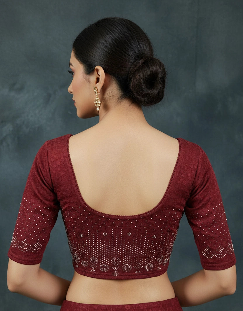 Wine Readymade Designer Stretchable Blouse with Stone Work and Floral-Geometric Pattern, Elbow Sleeves