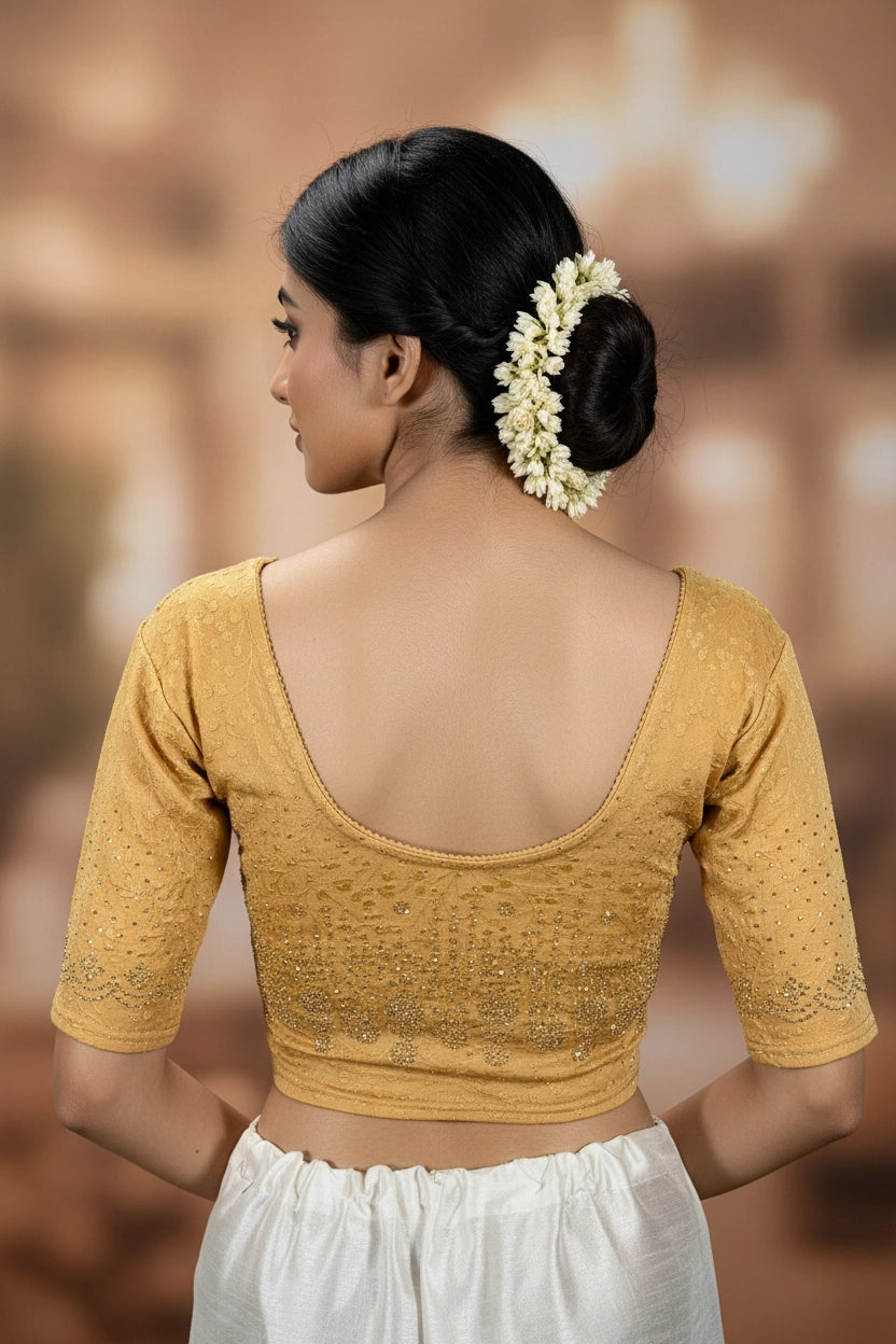 Sandal Readymade Designer Blouse, Fully Stitched with Stone Work, Elbow Sleeve for Women