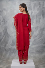 Rani Pink Heavy Embroidered Kurti Pant Set with Jarkan Work and Organza Dupatta