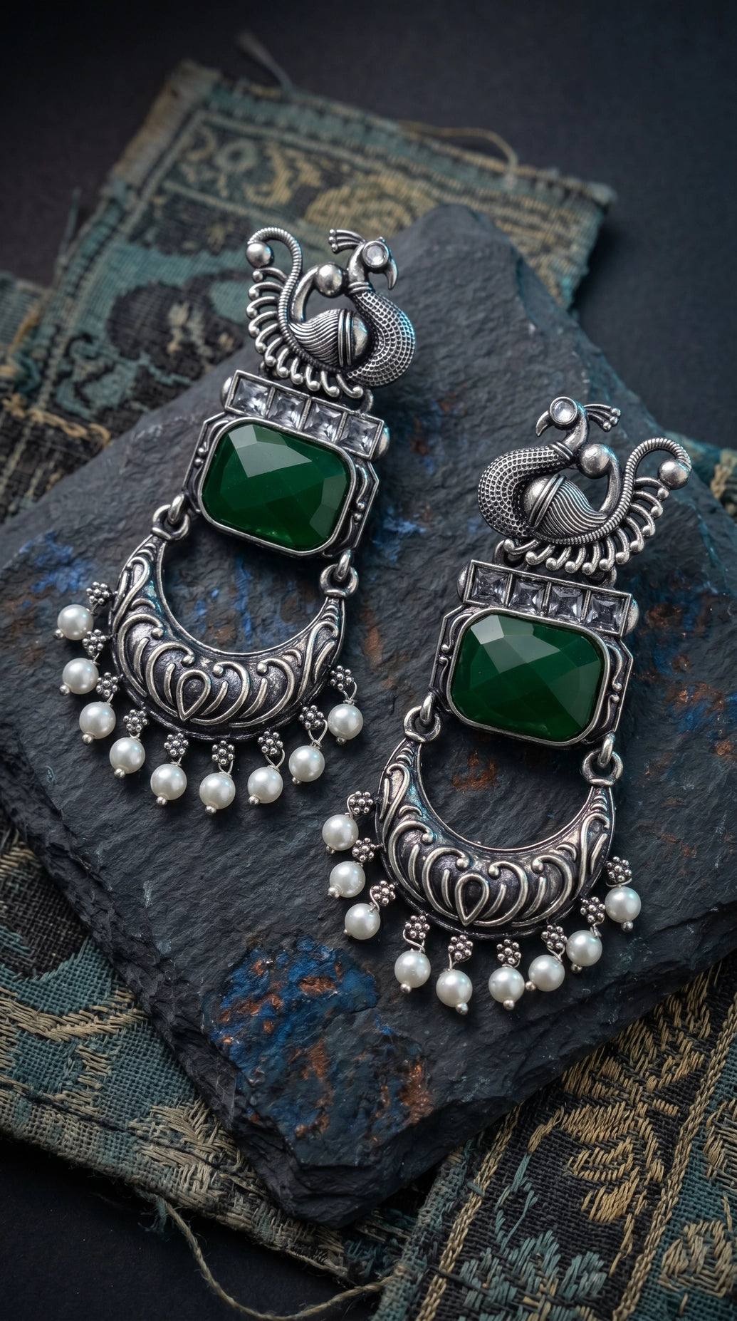 Antique Peacock Green Stone Fashion Earrings with Clear Crystals and Pearl Drops, Statement Ethnic Jhumka