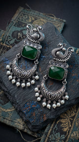 Antique Peacock Green Stone Fashion Earrings with Clear Crystals and Pearl Drops, Statement Ethnic Jhumka