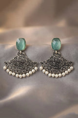 Mint Green Stone Textured Triangle Dangle Earrings with Pearl Drops for Festive Party Wear