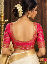 Magenta Designer Padded Blouse with Zari Floral & Vine Work, U-Shaped Neckline, Elbow Sleeves, Fully Stitched