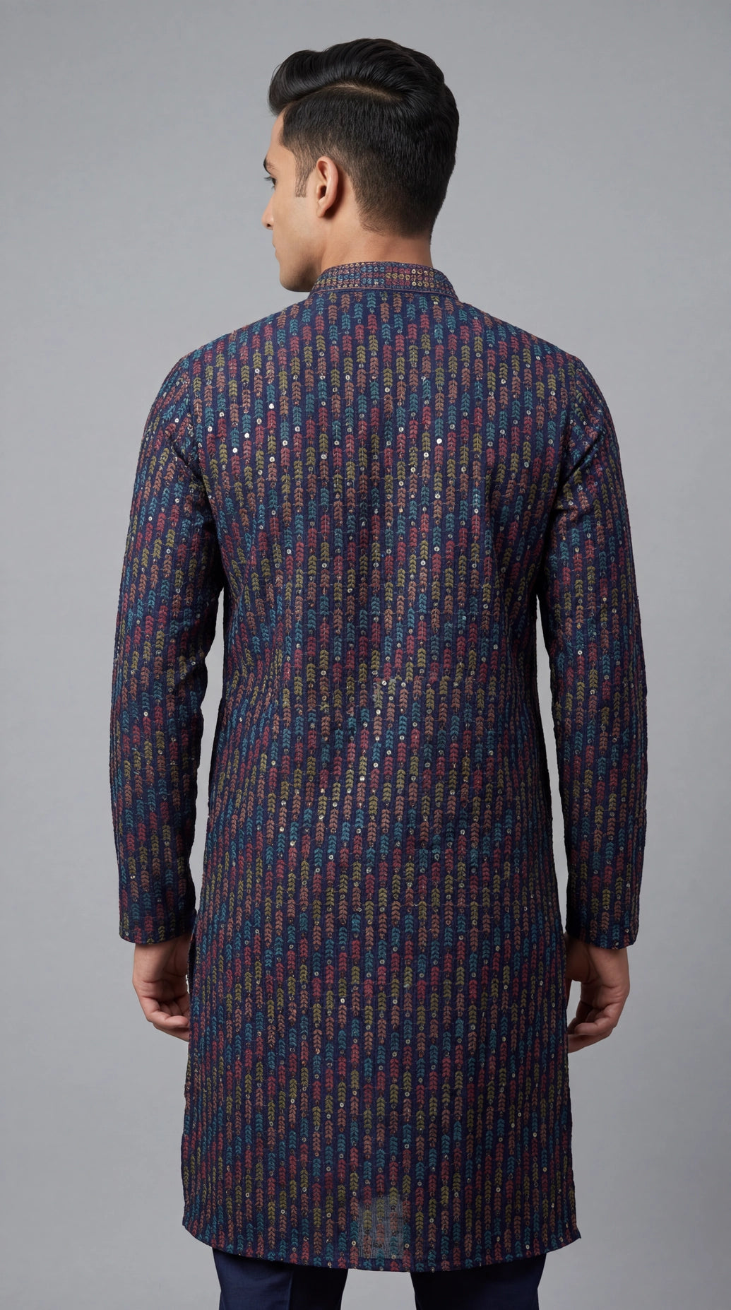 Men’s Navy Blue Cotton Kurta with Multicolor Leaf Embroidery & Gold Sequin Work (Paretik-style)