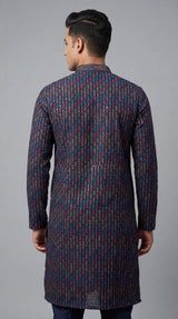 Men’s Navy Blue Cotton Kurta with Multicolor Leaf Embroidery & Gold Sequin Work (Paretik-style)