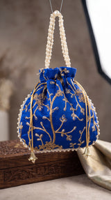 Royal Blue Embroidered Potli Bag with Pearl Bead Trim and Gold Floral Drawstring Pouch for Wedding Festive Return Gifts