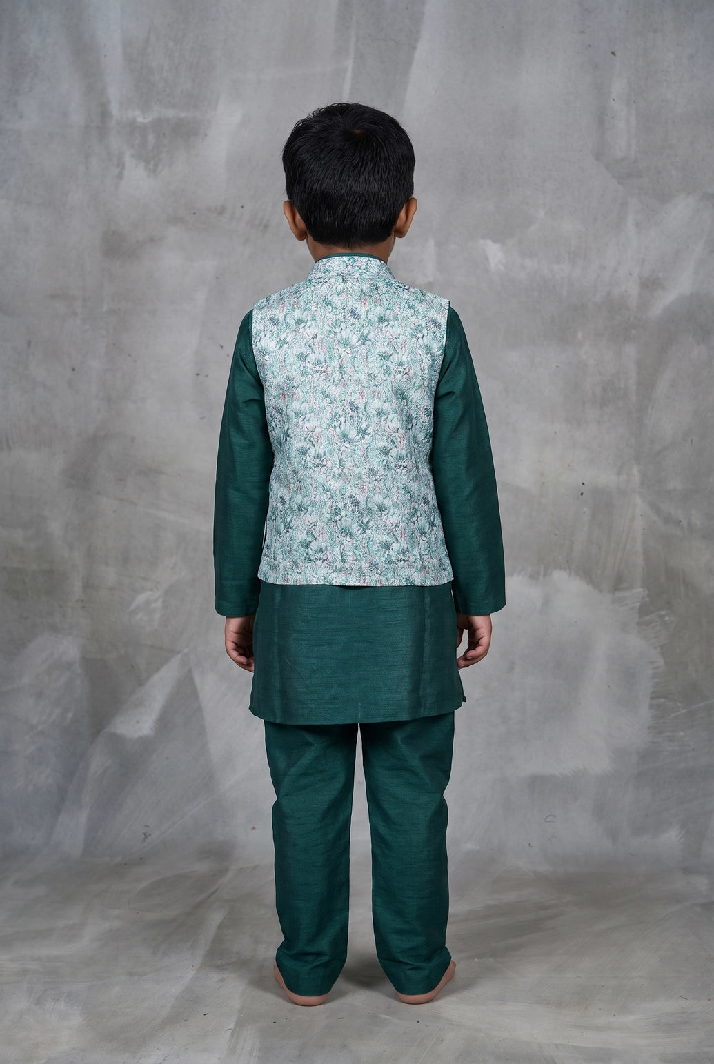 Boys Aqua Green Koti Kurta Set with Printed Sleeveless Waistcoat, Cotton 3-Piece Ethnic Outfit