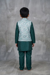 Boys Aqua Green Koti Kurta Set with Printed Sleeveless Waistcoat, Cotton 3-Piece Ethnic Outfit