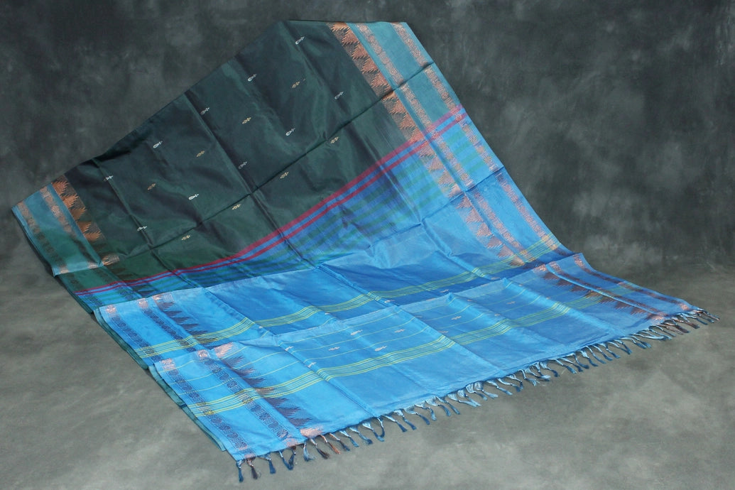 Dark Green Banana Pith (Vaazhai Naar) Saree with Zari Border and Full-Body Butta