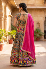Green & Pink Navratri Designer Chaniya Choli with Camel Block Print and Matching Dupatta