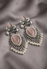 Oxidized Silver-Tone Teardrop Stone & Pearl Drop Earrings in Onion Pink