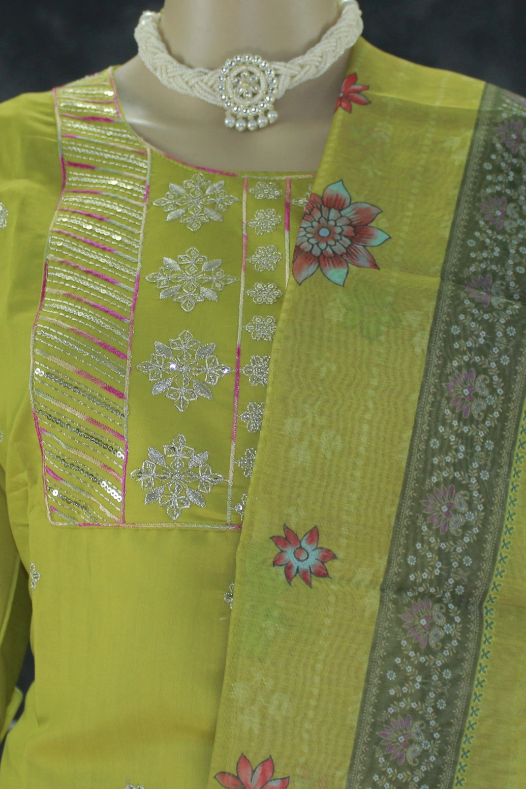 Roman Silk Olive Green 3-Piece Kurti Set with Embroidered Yoke & Printed Dupatta Kurti JCS Fashions