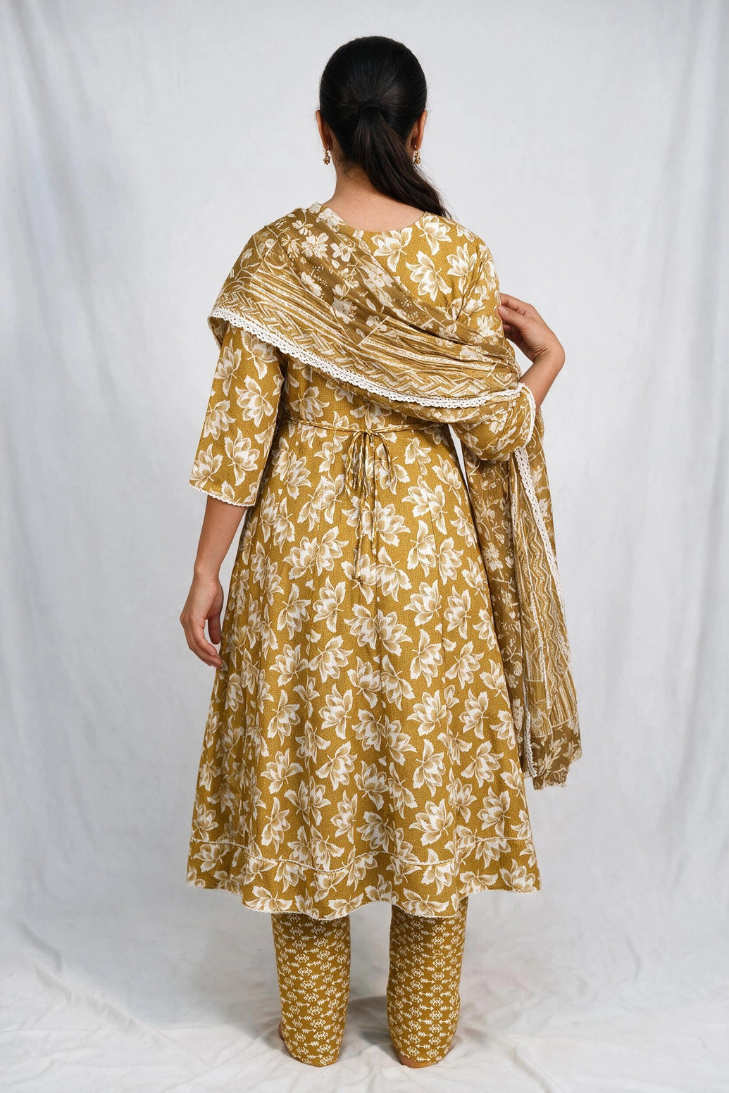Mustard Yellow Cotton 3-Piece Kurti Set with Frock Pant & Floral Dupatta for Women