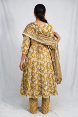 Mustard Yellow Cotton 3-Piece Kurti Set with Frock Pant & Floral Dupatta for Women