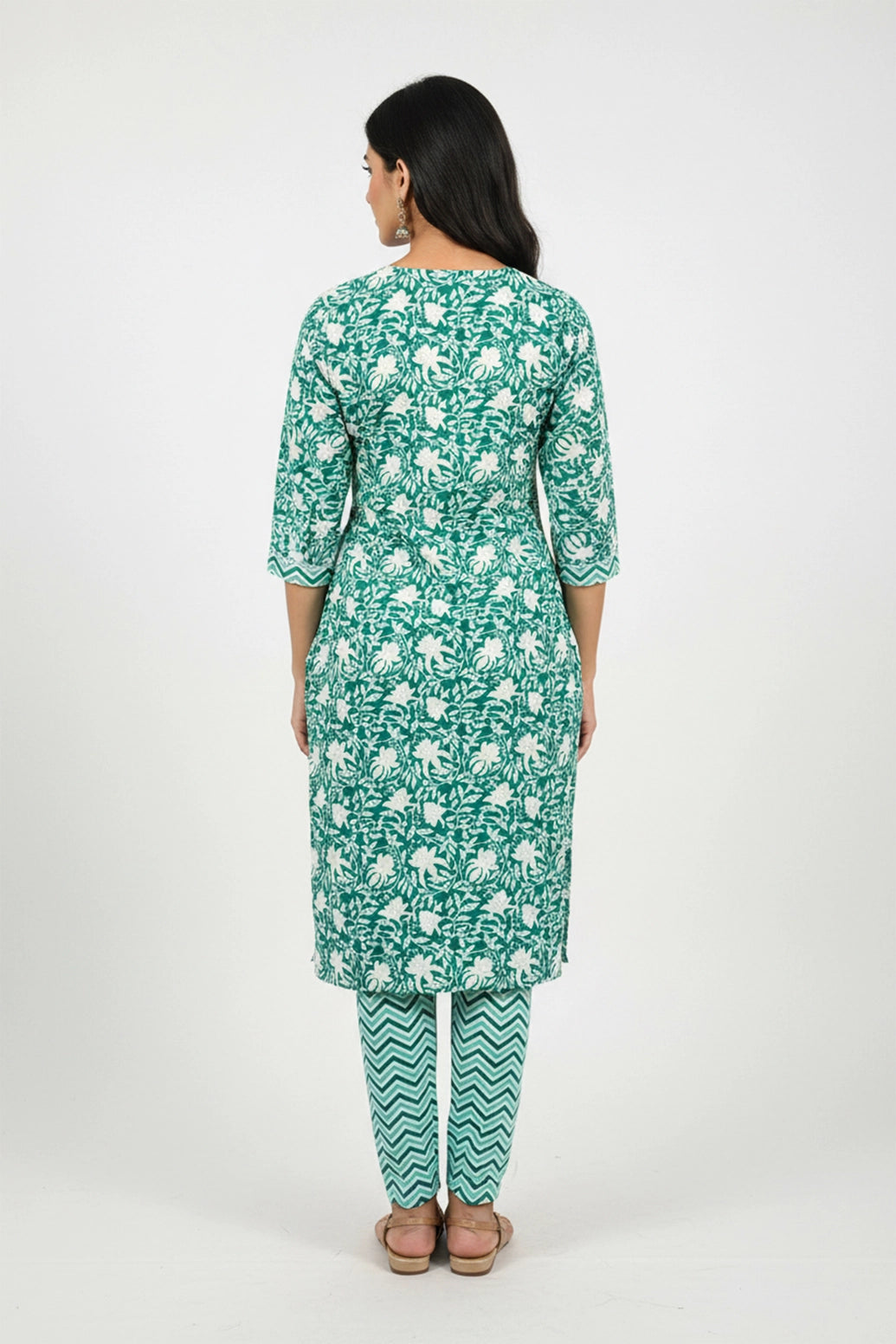 Aqua Green Floral Cotton Kurti Pant Set with Lace Detailing and Elastic Waist