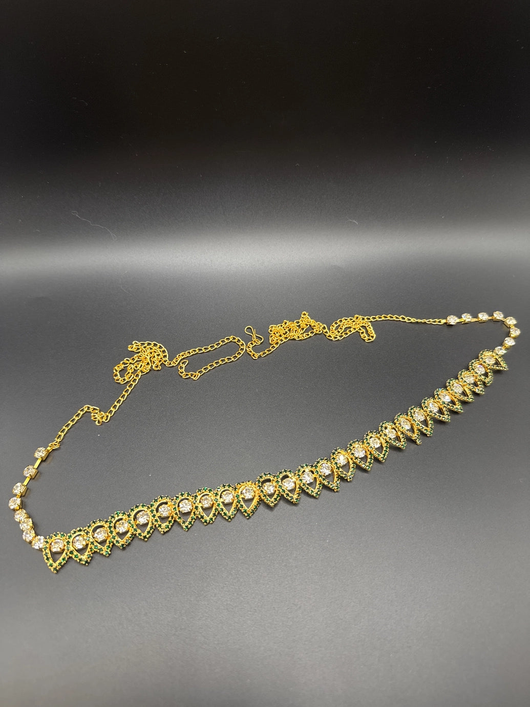 Gold-Tone Green Stone Hip Chain with Clear Round Stones and Teardrop Scalloped Design Jewelry JCS Fashions