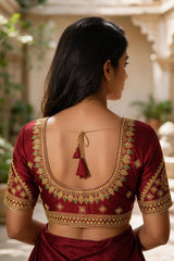Maroon Zari Embroidered Padded Blouse with U-Shape Neck, Butta Motifs, Elbow Sleeves & Back Knot