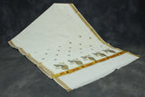 Kerala Cotton White Saree with Gold Zari Peacock Embroidery and Blouse Piece