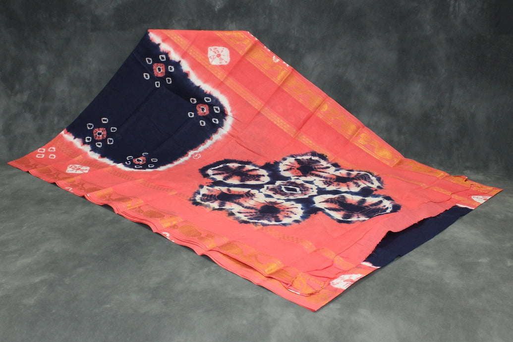 Pure Sungudi Cotton Bandhani Saree with Golden Zari Instrument Motif Border — Navy Blue & Coral, Unstitched Blouse Included