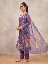 Lavender Roman Silk 3-Piece Kurti Set with Elastic Pant and Digital Jacquard Dupatta