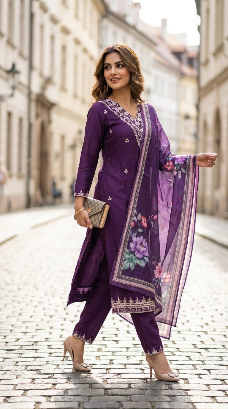 Dark Purple Roman Silk 3-Piece Kurti Set with Sequins Work and Organza Dupatta