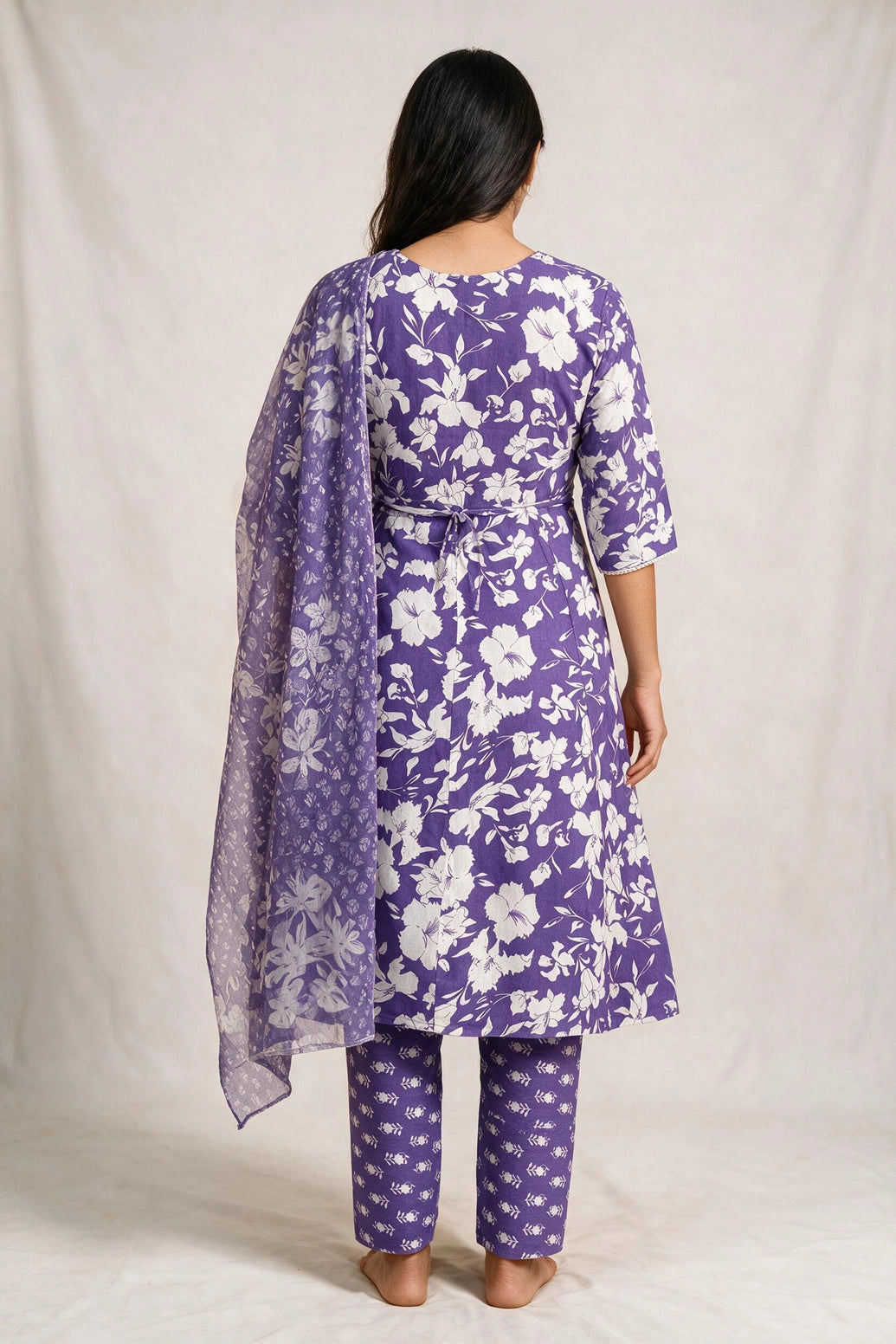 Purple Cotton Floral 3-Piece Kurti Set with Embroidered Neck, Frock Pant & Matching Dupatta