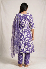 Purple Cotton Floral 3-Piece Kurti Set with Embroidered Neck, Frock Pant & Matching Dupatta