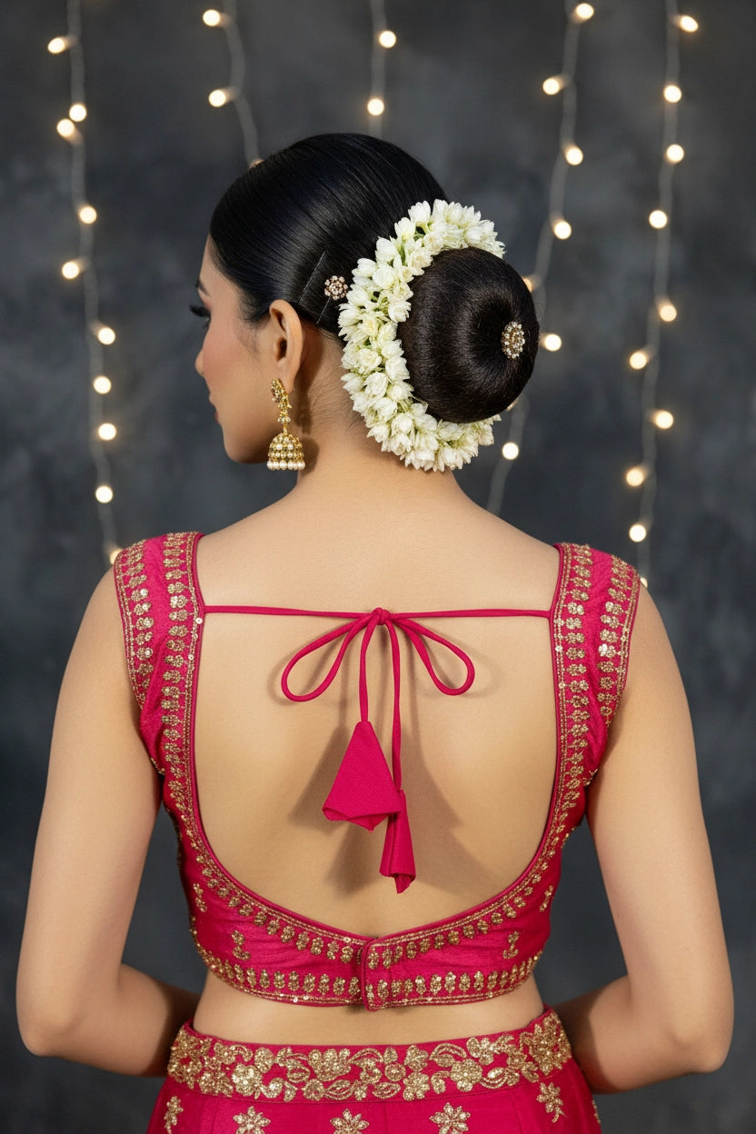 Pink Readymade Designer Padded Blouse with Sequin Floral Motifs, Sleeveless Back Knot & Alterable Fit