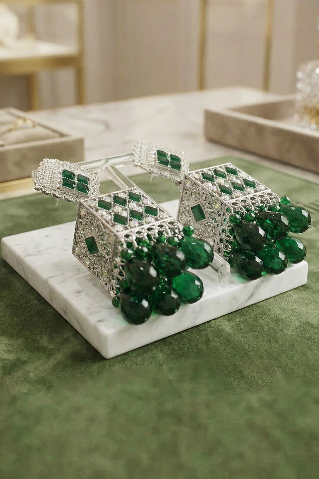 Oxidised Silver-Tone Jhumka Earrings with Green Stones and Bead Danglers for Festive Traditional Wear