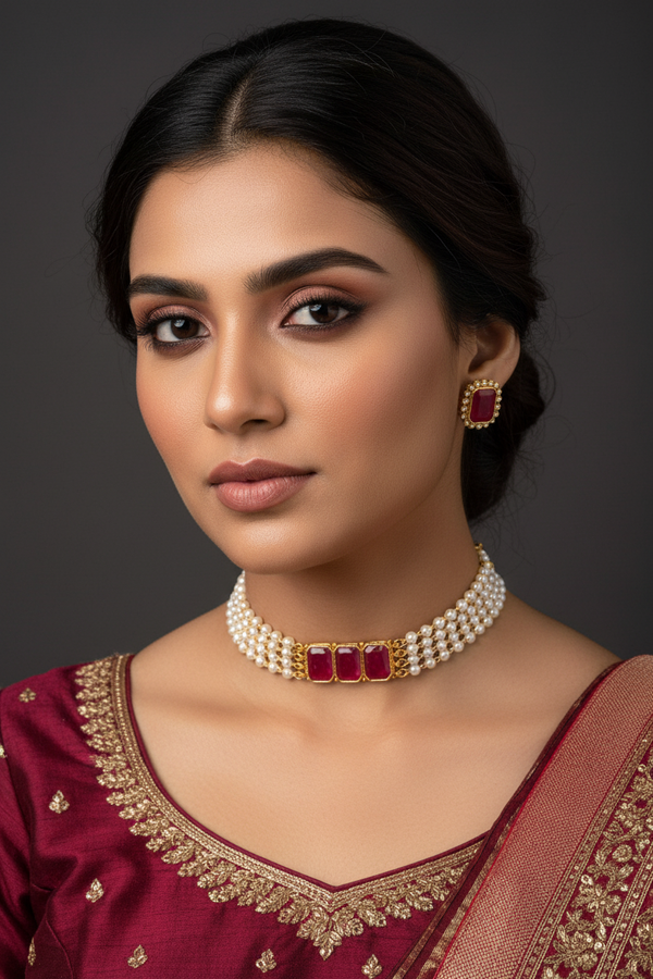 Gold-Tone Pearl Choker Necklace Set with Imitation Stones and Matching Stud Earrings
