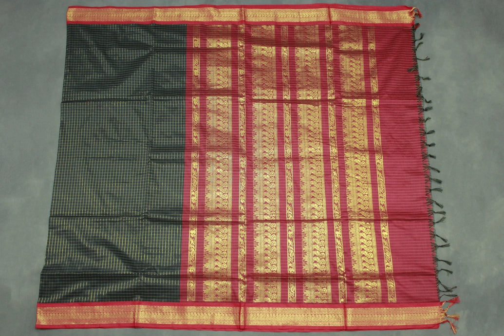 Black Kalyani Cotton Saree with Zari Checked and Peacock Border, Includes Blouse