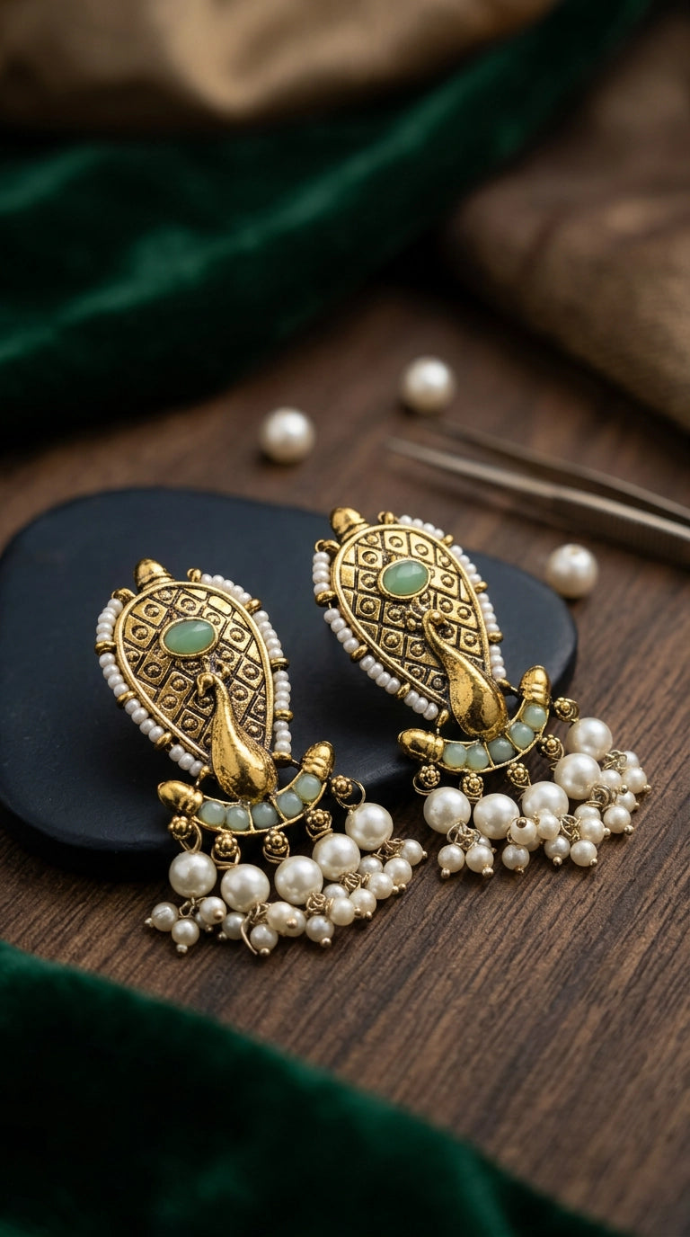Mint Green & Antique Gold Traditional Pearl Drop Earrings for Women, Oval Stone with Beads